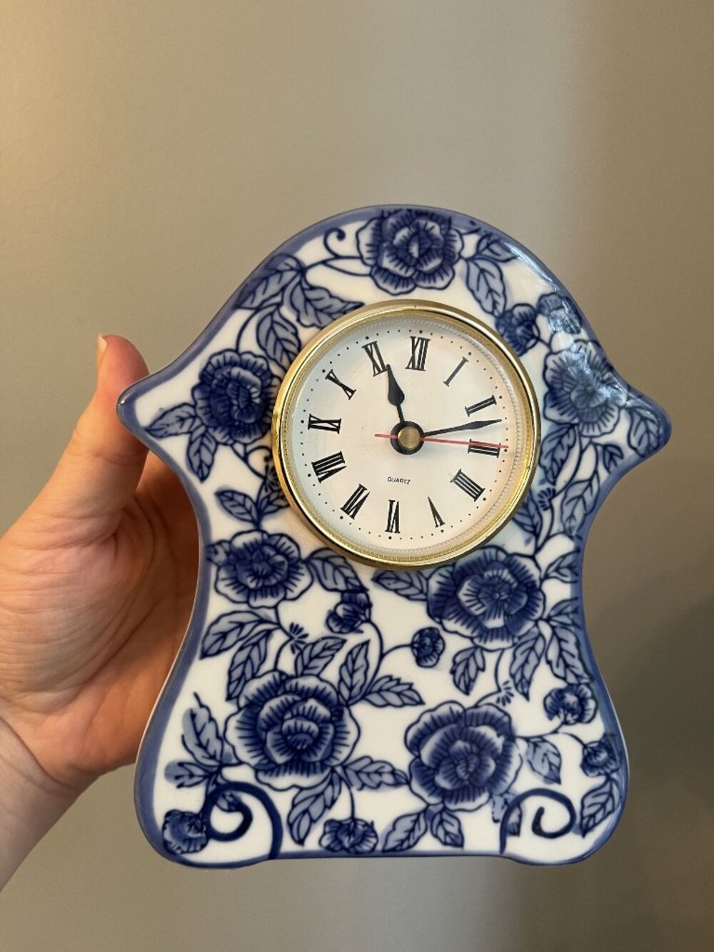 Blue & White Floral Ceramic Mantel Clock By Ganz With Quartz Movement & Roman Nu